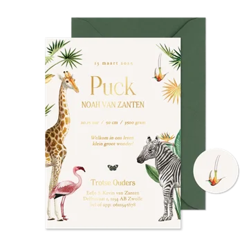 Enkele geboortekaartjes met jungle dieren en goud
